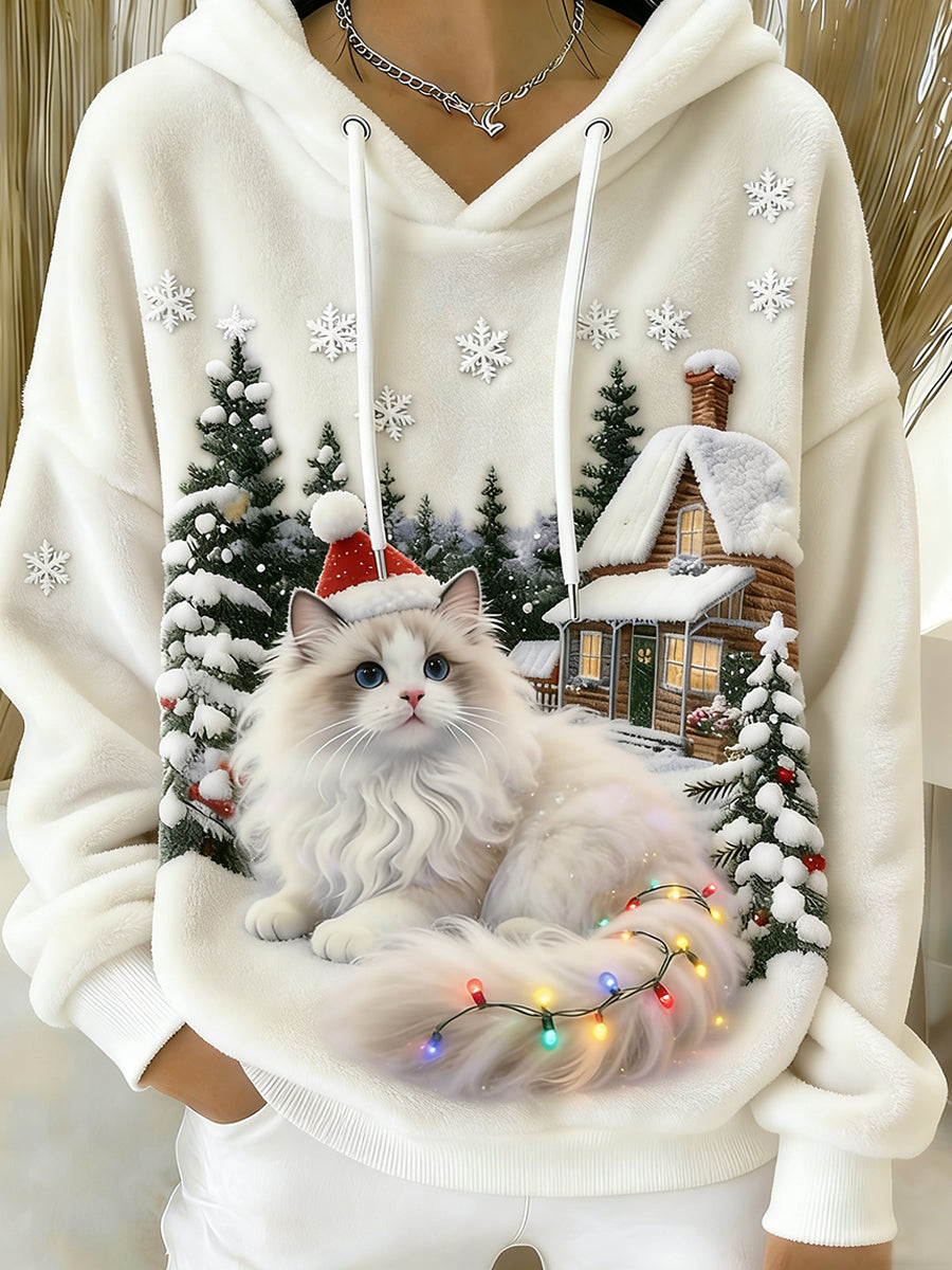 Ретро женски пуловер с качулка от фланела с животински принт