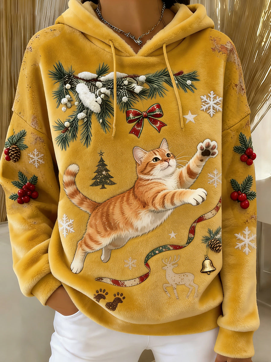 Ретро животински артефакт за жени, печат на удобен фланелен суичър с качулка