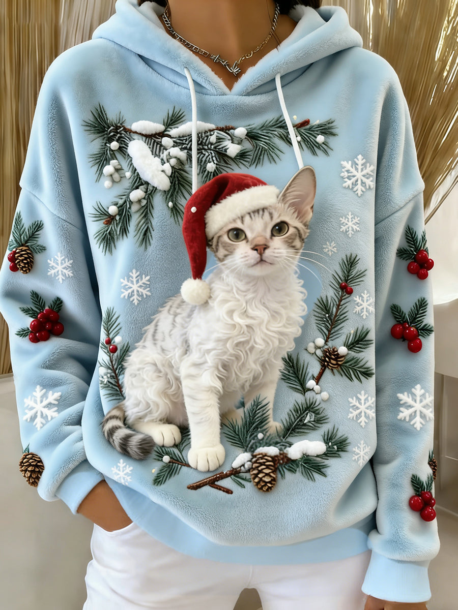 Ретро дамски суитшърт с качулка и животински принт от комфортна фланела