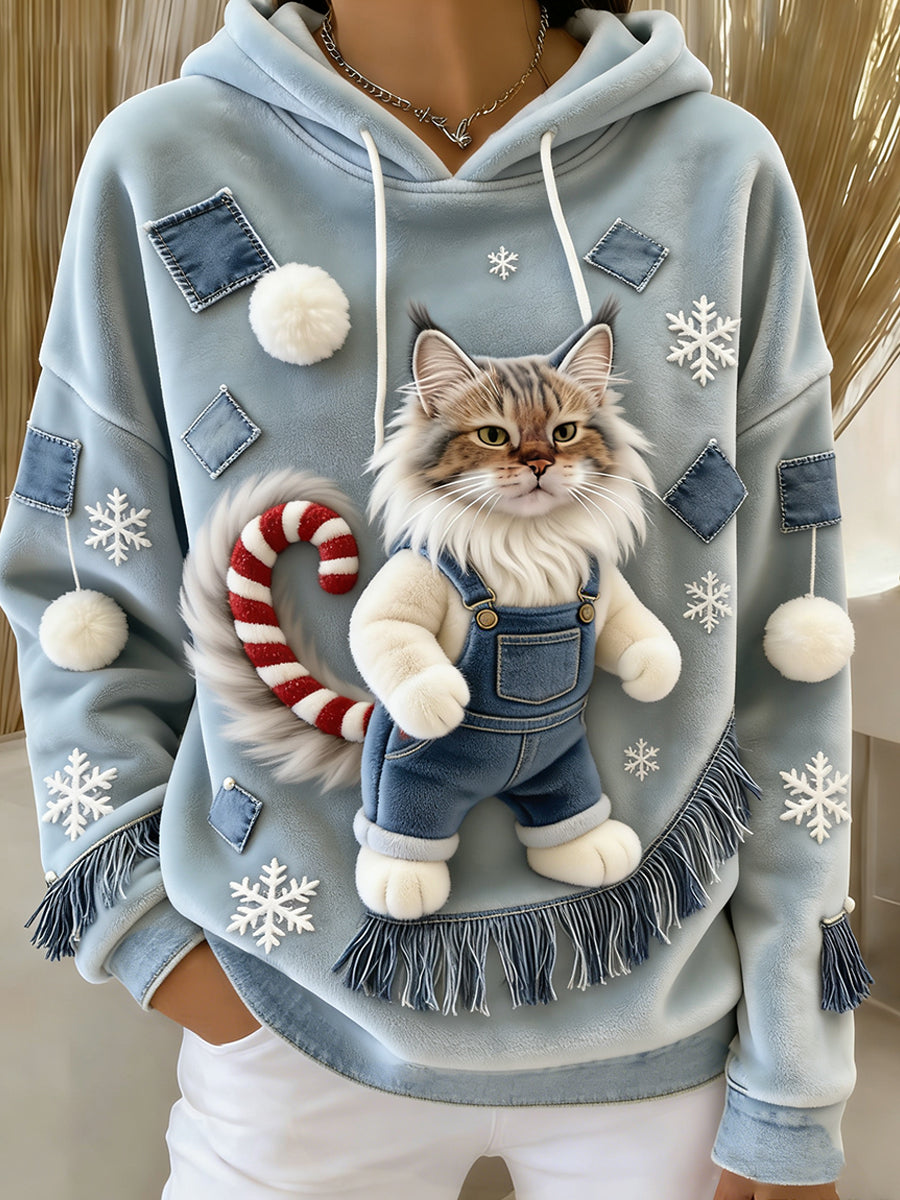 Ретро женски суичър с качулка от фланела с животински принт