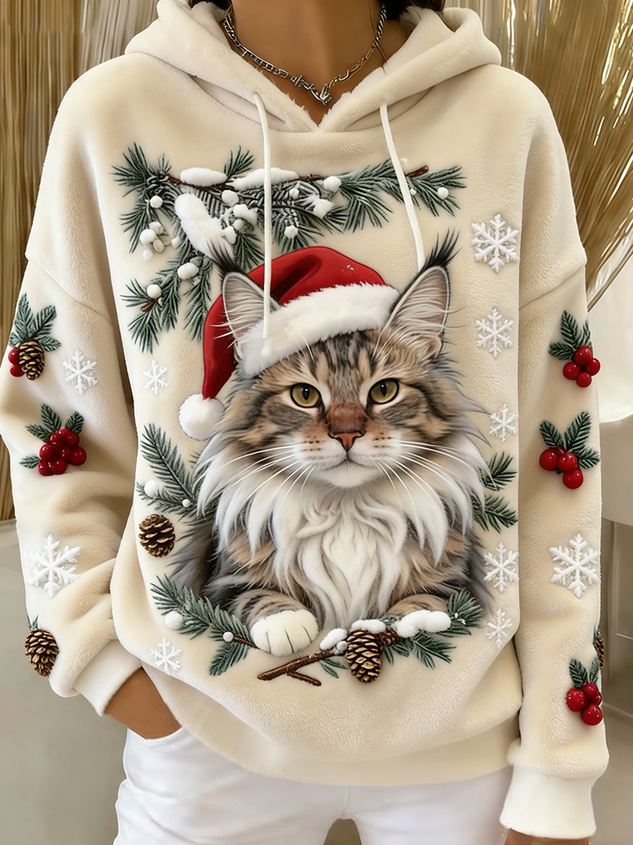 Ретро женски пуловер с качулка и животински принт от фланела