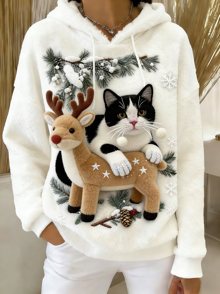 Ретро женски пуловер с качулка от фланела с животински принт