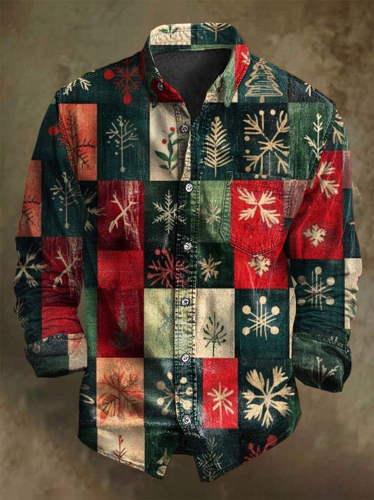 Винтидж шахматна печатна коледна casual риза с дълъг ръкав