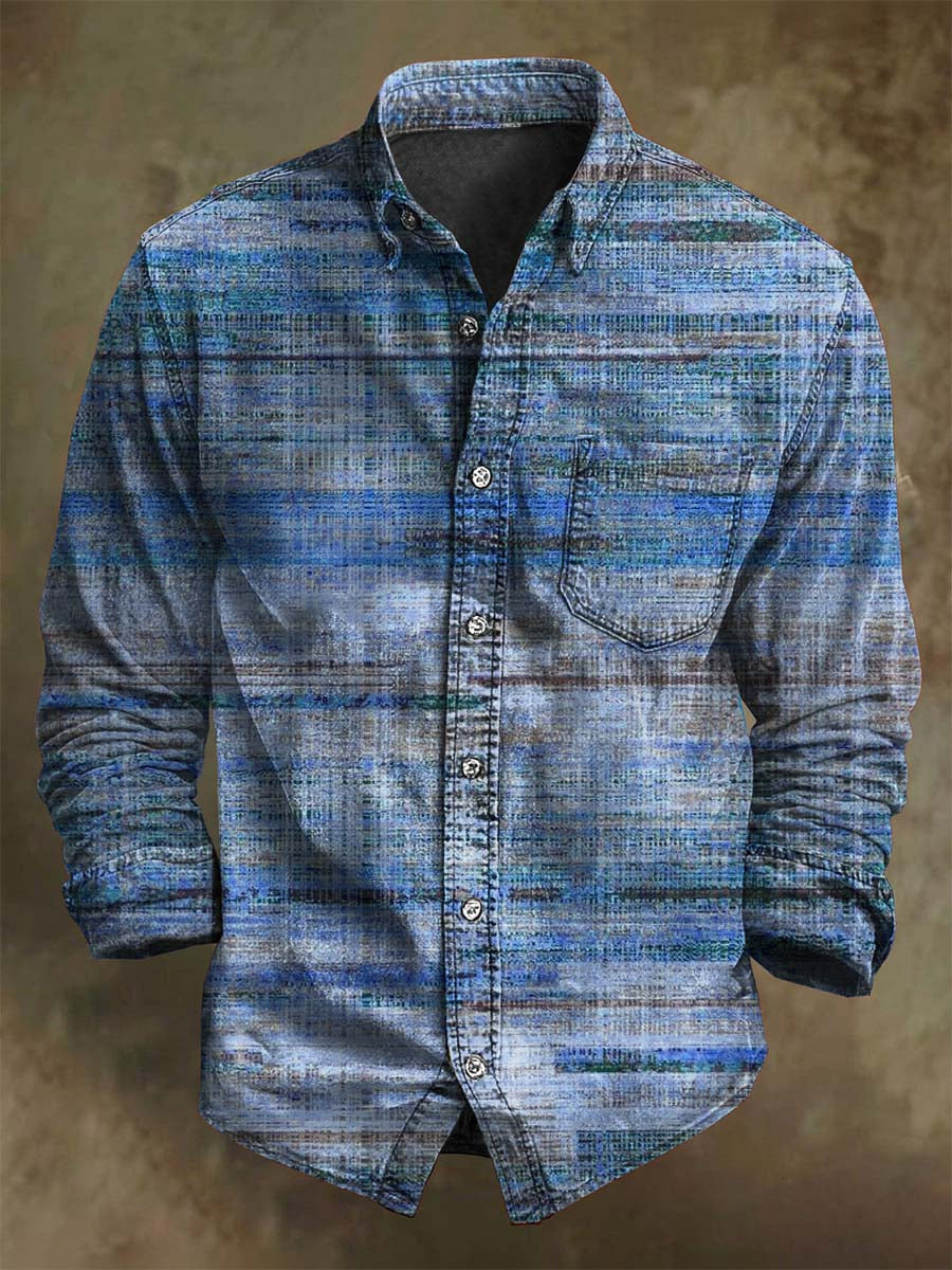 Винтидж избледняла райе печат Кежуал риза с дълъг ръкав