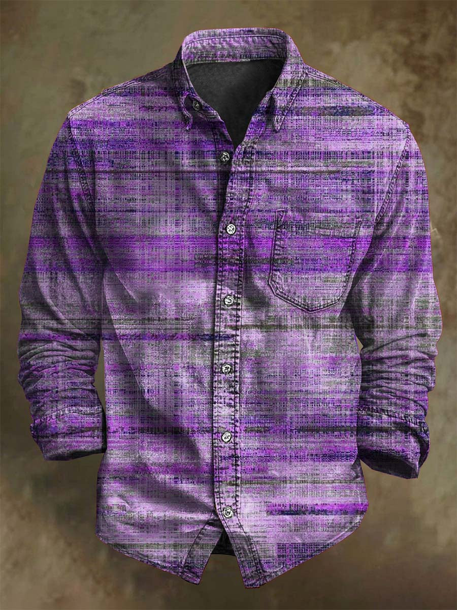 Винтидж избледняла райе печат Кежуал риза с дълъг ръкав