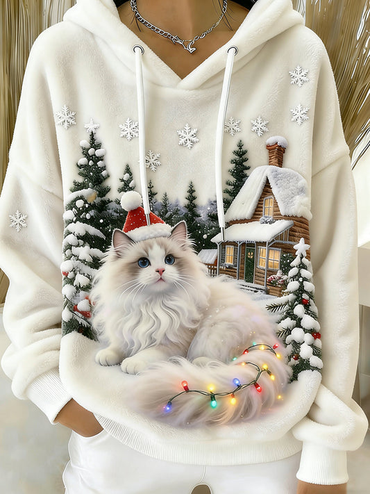 Ретро женски пуловер с качулка от фланела с животински принт