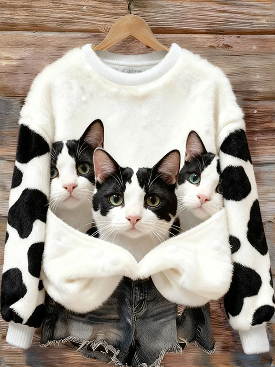 Ретро животински принт удобен фланелен топ за жени