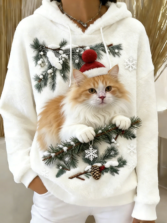 Женски ретро пуловер с качулка от фланела с животински принт