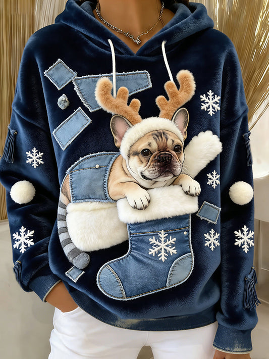 Женски ретро пуловер с капюшон от фланела с животински принт