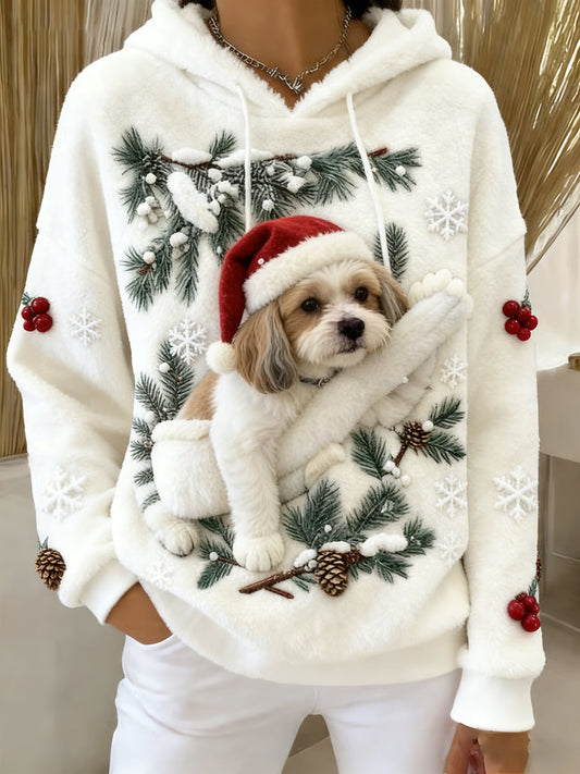 Женски ретро животински принт суитшърт с качулка от удобен фланел