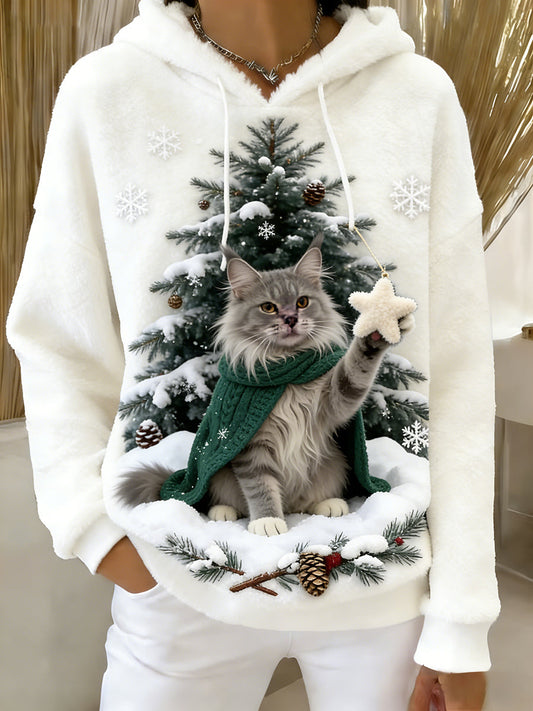 Женски ретро суитшърт с качулка от комфортна фланела с животински принт