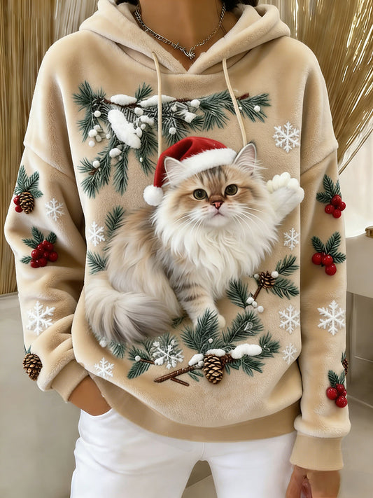 Женски ретро суичър с качулка от фланела с животински принт