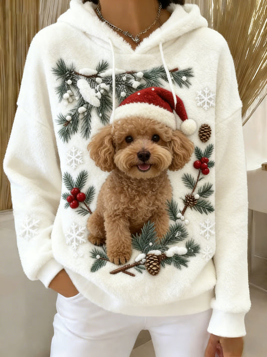 Женски ретро пуловер с качулка от фланела с животински принт