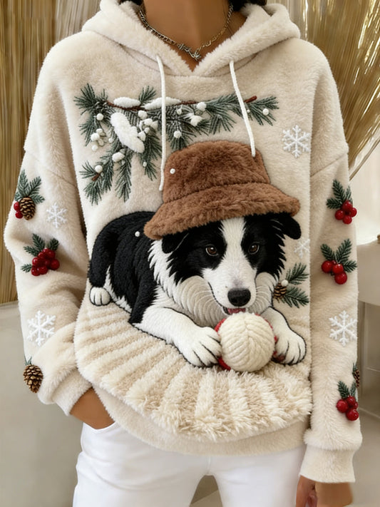 Женски ретро суитшърт с качулка от фланела с животински принт