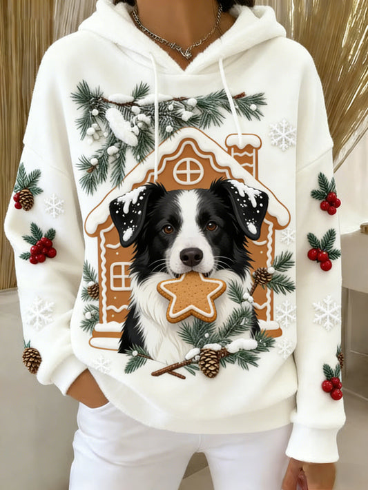 Ретро женски пуловер с качулка от фланела с животински принт