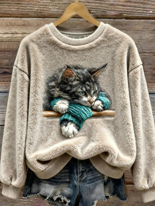 Ретро животински арт печат удобен дамски фланелен топ