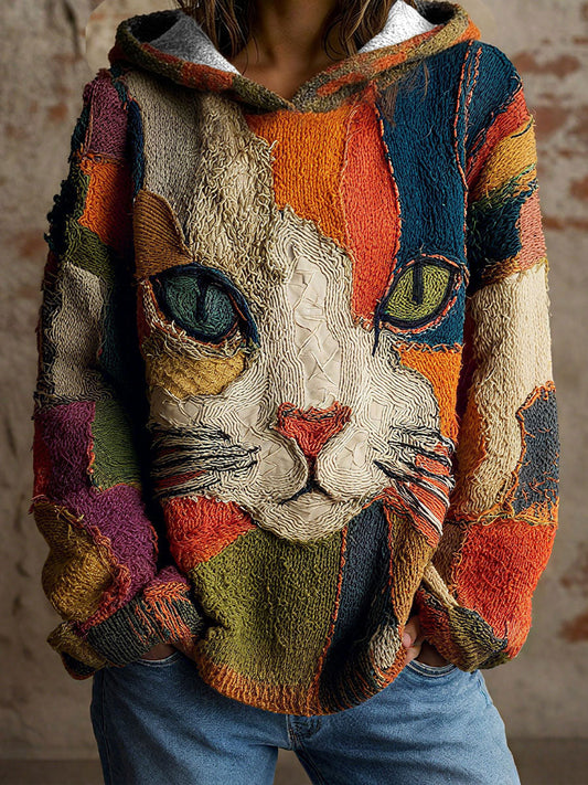 Геометричен котка Арт Принт Худи за жени