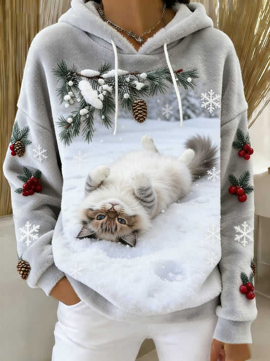 Ретро дамски суичър с капюшон от фланела с животински принт