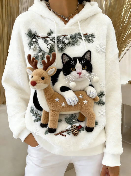 Ретро женски пуловер с качулка от фланела с животински принт