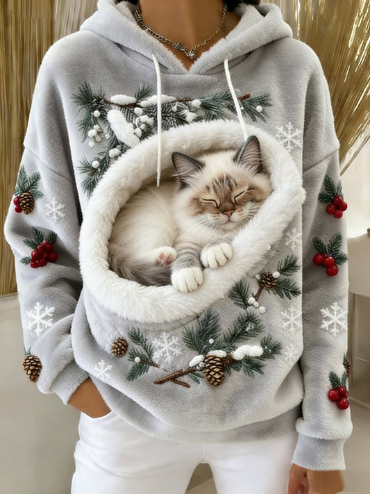 Ретро женски суитчър с капюшон с животински принт от удобна фланела