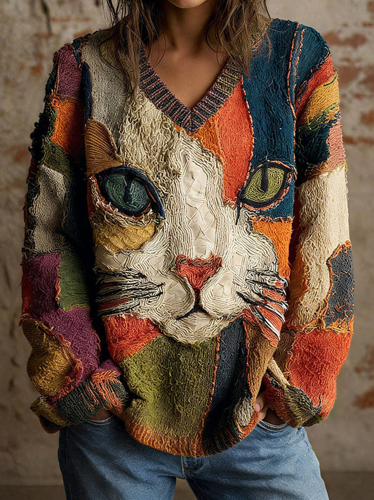 Геометрична котка изкуство печат v-образно деколте топове за жени